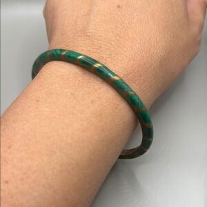 Vintage Gold Tone Brass Green Malachite Bangle Cuff Statement Bracelet